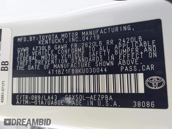 2019 Toyota Avalon XLE with VIN 4T1BZ1FB8KU030044, listed as a IAAI auction lot 41436242 with 56,261 mi miles and . Bid and sale history available at carsss.com. Image 9.