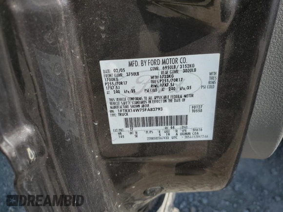 2005 Ford F-150 STX with VIN 1FTRX14W75FA83793, listed as a Copart auction lot 59310055 with 102,253 mi miles and Salvage title. Bid and sale history available at DreamBid. Image 12.