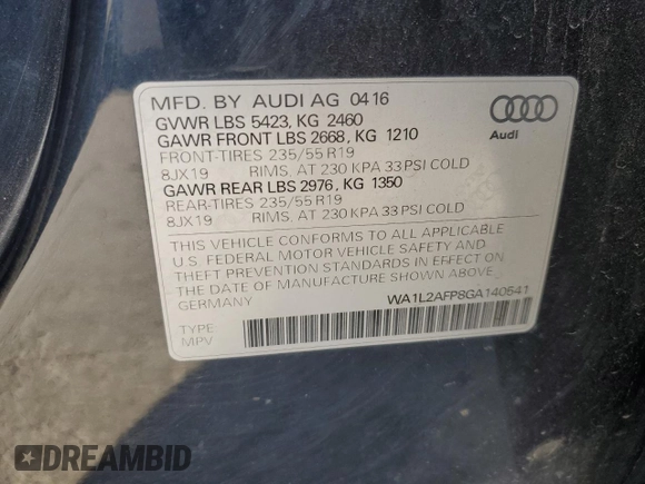 2016 Audi Q5 Premium Plus with VIN WA1L2AFP8GA140541, listed as a Copart auction lot 54540545 with 110,910 mi miles and Clean Title. Bid and sale history available at carsss.com. Image 13.