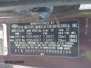 2011 Kia Sorento LX with VIN 5XYKTCA19BG008104, listed as a IAAI auction lot 42250877 with 121,288 mi miles and . Bid and sale history available at DreamBid. Image 9.