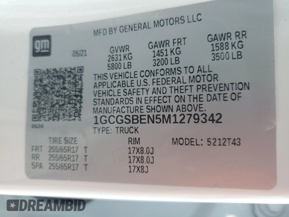 2021 Chevrolet Colorado 2WD Work Truck with VIN 1GCGSBEN5M1279342, listed as a Copart auction lot 53841235 with 172,603 mi miles and Clean title. Bid and sale history available at DreamBid. Image 12.