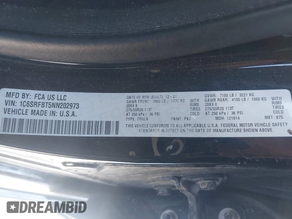 2022 Ram 1500 Big Horn with VIN 1C6SRFBT5NN202973, listed as a IAAI auction lot 41623935 with 45,045 mi miles and . Bid and sale history available at DreamBid. Image 9.
