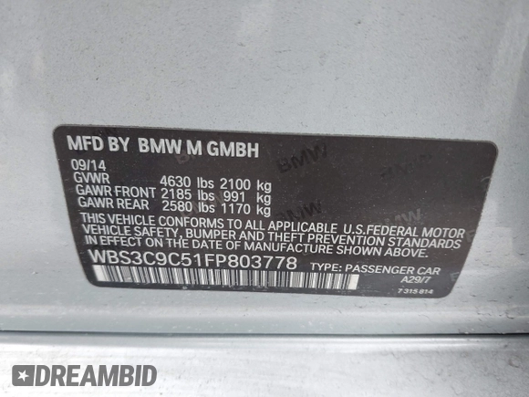 2015 BMW M3 z VIN WBS3C9C51FP803778, wystawiony jako IAAI lot #41732784 z przebiegiem 58 820 mil mil oraz . Historia ofert i sprzedaży dostępna na DreamBid. Obrazek 9.