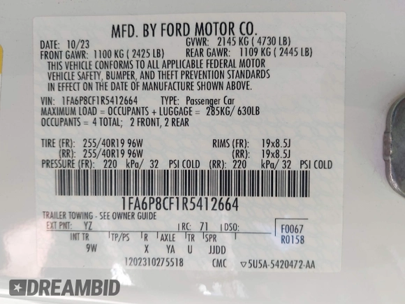 2024 Ford Mustang GT с VIN 1FA6P8CF1R5412664, выставлен на аукционе IAAI как лот 42293885 с пробегом 14 429 миль миль и . История ставок и продаж доступна на DreamBid. Изображение 9.
