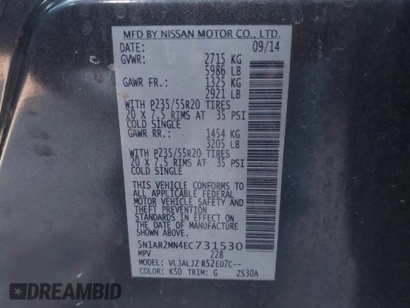 2014 Nissan Pathfinder Platinum with VIN 5N1AR2MN4EC731530, listed as a IAAI auction lot 42590194 with 152,269 mi miles and . Bid and sale history available at DreamBid. Image 9.