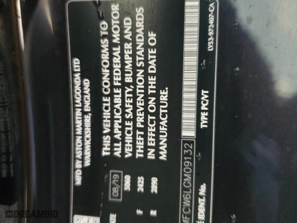 2020 Aston Martin DB11 with VIN SCFRMFCW6LGM09132, listed as a Copart auction lot 73692314 with 0 mi miles and Non Repairable. Bid and sale history available at carsss.com. Image 13.