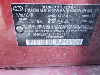 2017 Hyundai Sonata SE с VIN 5NPE24AF2HH576472, выставлен на аукционе Copart как лот 43114645 с пробегом Не указан миль и Списание • Salvage title. История ставок и продаж доступна на DreamBid. Изображение 13.