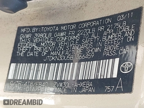 2011 Toyota Prius I z VIN JTDKN3DU5B1366459, wystawiony jako IAAI lot #42247607 z przebiegiem 150 700 mil mil oraz . Historia ofert i sprzedaży dostępna na DreamBid. Obrazek 9.