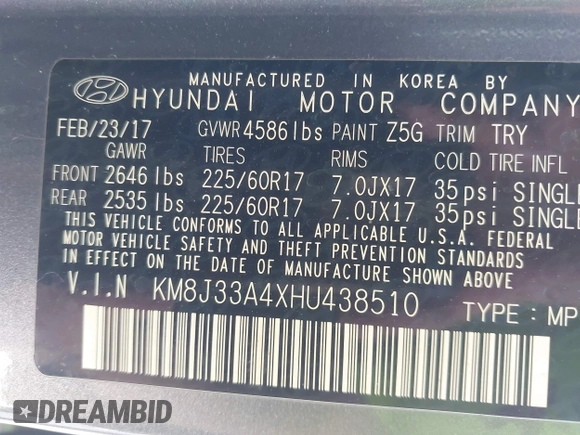 2017 Hyundai Tucson SE with VIN KM8J33A4XHU438510, listed as a IAAI auction lot 42021812 with 117,848 mi miles. Bid and sale history available at carsss.com. Image 9.