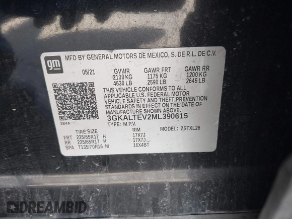 2021 GMC Terrain SLE with VIN 3GKALTEV2ML390615, listed as a IAAI auction lot 41860128 with 68,197 mi miles and . Bid and sale history available at DreamBid. Image 9.
