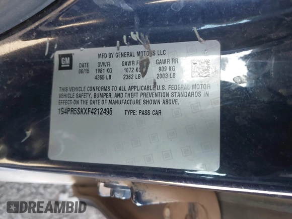 2015 Buick Verano Convenience Group with VIN 1G4PR5SKXF4212496, listed as a IAAI auction lot 42057801 with 279,039 mi miles. Bid and sale history available at carsss.com. Image 9.
