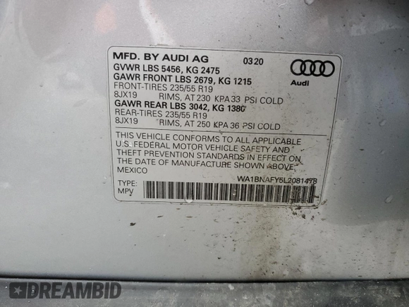 2020 Audi Q5 Premium Plus with VIN WA1BNAFY5L2081478, listed as a Copart auction lot 45564945 with 97,573 mi miles and Salvage Title. Bid and sale history available at carsss.com. Image 14.