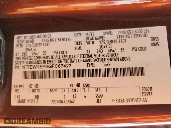 2016 Ford F-150 XLT с VIN 1FTEW1EP0GFC67422, выставлен на аукционе Copart как лот 60506315 с пробегом 122 577 миль миль и Списание • Salvage title. История ставок и продаж доступна на DreamBid. Изображение 12.