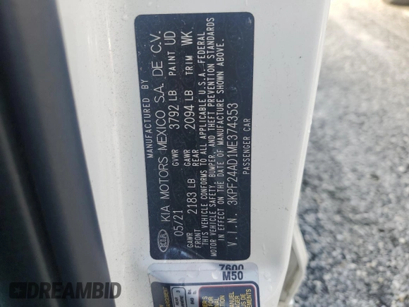 2021 Kia Forte FE with VIN 3KPF24AD1ME374353, listed as a Copart auction lot 57793725 with 43,016 mi miles and Salvage title. Bid and sale history available at DreamBid. Image 12.