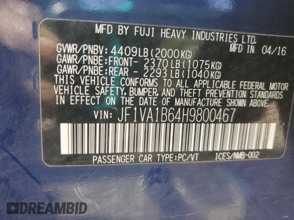 2017 Subaru WRX с VIN JF1VA1B64H9800467, выставлен на аукционе Copart как лот 56063965 с пробегом 94 118 миль миль и Списание • Salvage title. История ставок и продаж доступна на DreamBid. Изображение 12.
