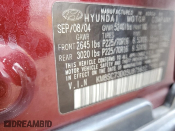 2005 Hyundai Santa Fe GLS with VIN KM8SC73D05U875632, listed as a Copart auction lot 54962394 with 80,394 mi miles and Salvage Title. Bid and sale history available at carsss.com. Image 15.