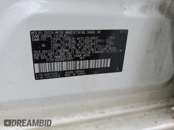 2012 Toyota RAV4 Limited with VIN 2T3YF4DV3CW132877, listed as a Copart auction lot 58410945 with Not provided miles and Salvage title. Bid and sale history available at DreamBid. Image 13.