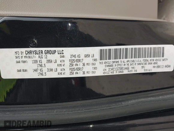 2013 Chrysler Town & Country Touring L with VIN 2C4RC1CG7DR510466, listed as a IAAI auction lot 42180370 with 103,821 mi miles and . Bid and sale history available at DreamBid. Image 9.