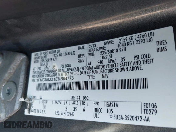 2014 Ford Escape Titanium with VIN 1FMCU9JX1EUB94776, listed as a IAAI auction lot 42063678 with 138,036 mi miles. Bid and sale history available at carsss.com. Image 9.