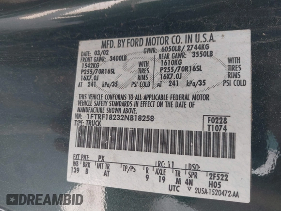 2002 Ford F-150 XL with VIN 1FTRF18232NB18258, listed as a IAAI auction lot 42123898 with 152,214 mi miles and . Bid and sale history available at DreamBid. Image 9.