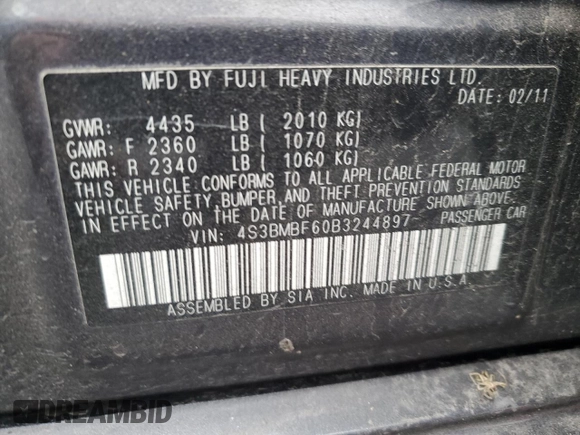 2011 Subaru Legacy Premium with VIN 4S3BMBF60B3244897, listed as a Copart auction lot 82668994 with 231,342 mi miles and Clean title. Bid and sale history available at DreamBid. Image 12.