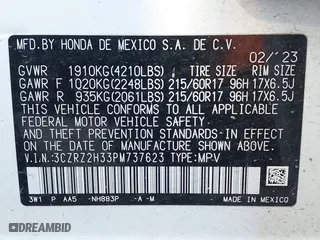 2023 Honda HR-V LX with VIN 3CZRZ2H33PM737623, listed as a IAAI auction lot 41026627 with 20,844 mi miles. Bid and sale history available at carsss.com. Image 9.