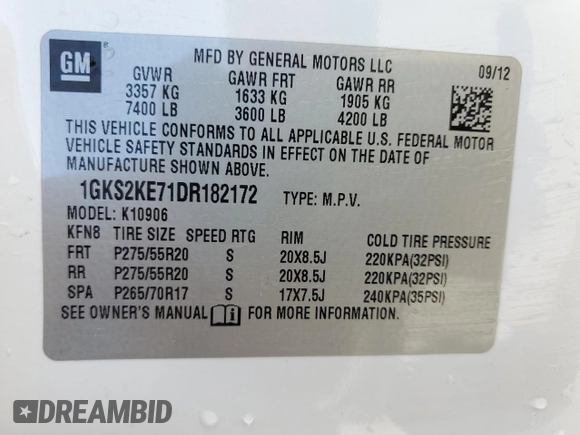 2013 GMC Yukon XL SLT z VIN 1GKS2KE71DR182172, wystawiony jako Copart lot #48693785 z przebiegiem 200 313 mil mil oraz Szkoda całkowita • Salvage title. Historia ofert i sprzedaży dostępna na DreamBid. Obrazek 14.