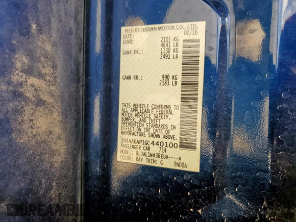 2016 Nissan Maxima SL with VIN 1N4AA6AP1GC440100, listed as a Copart auction lot 58035835 with 93,909 mi miles and Salvage title. Bid and sale history available at DreamBid. Image 13.