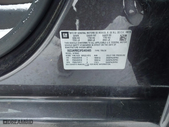 2015 Chevrolet Silverado 1500 LT with VIN 3GCUKREC3FG460485, listed as a IAAI auction lot 41616998 with 128,049 mi miles. Bid and sale history available at carsss.com. Image 9.