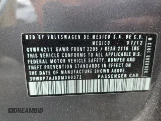 2013 Volkswagen Jetta SE with VIN 3VWDP7AJ8DM360372, listed as a Copart auction lot 51796725 with 66,981 mi miles and Non repairable. Bid and sale history available at DreamBid. Image 12.