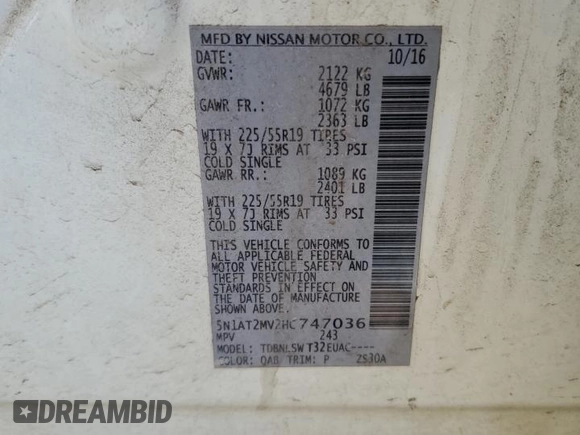 2017 Nissan Rogue SL with VIN 5N1AT2MV2HC747036, listed as a Copart auction lot 47625465 with 112,231 mi miles and Salvage Title. Bid and sale history available at DreamBid. Image 13.