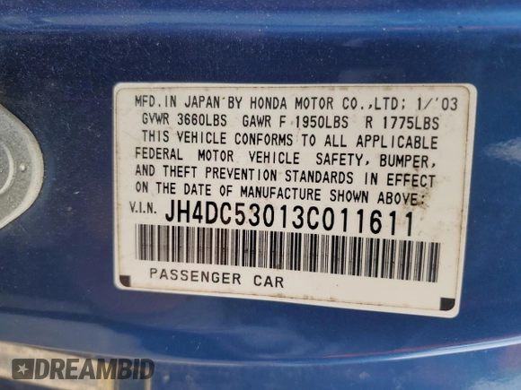 2003 Acura RSX Type S z VIN JH4DC53013C011611, wystawiony jako Copart lot #49858805 z przebiegiem 211 705 mil mil oraz Szkoda całkowita • Salvage title. Historia ofert i sprzedaży dostępna na DreamBid. Obrazek 12.