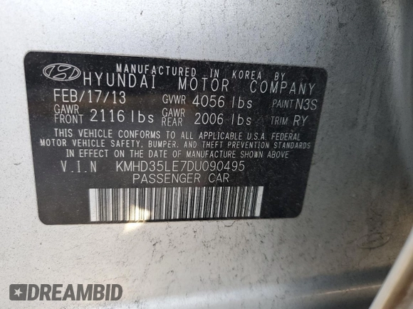 2013 Hyundai Elantra with VIN KMHD35LE7DU090495, listed as a Copart auction lot 77133264 with 118,660 mi miles and Salvage Title. Bid and sale history available at DreamBid. Image 12.