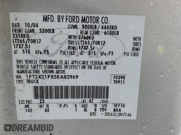 2005 Ford F-250 XL с VIN 1FTSX21PX5EA82969, выставлен на аукционе Copart как лот 51541635 с пробегом 178 120 миль миль и Чистый • Clean title. История ставок и продаж доступна на DreamBid. Изображение 12.