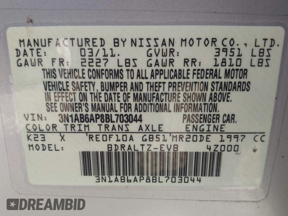 2011 Nissan Sentra SR with VIN 3N1AB6AP8BL703044, listed as a IAAI auction lot 41557896 with 198,271 mi miles and . Bid and sale history available at DreamBid. Image 9.
