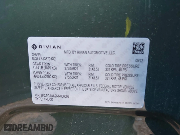 2022 Rivian R1T Adventure Package with VIN 7FCTGAAA2NN006098, listed as a IAAI auction lot 41172815 with 1 mi miles. Bid and sale history available at carsss.com. Image 9.