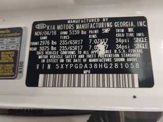 2017 Kia Sorento LX z VIN 5XYPGDA38HG281058, wystawiony jako IAAI lot #41966507 z przebiegiem 120 123 mil mil oraz . Historia ofert i sprzedaży dostępna na DreamBid. Obrazek 9.
