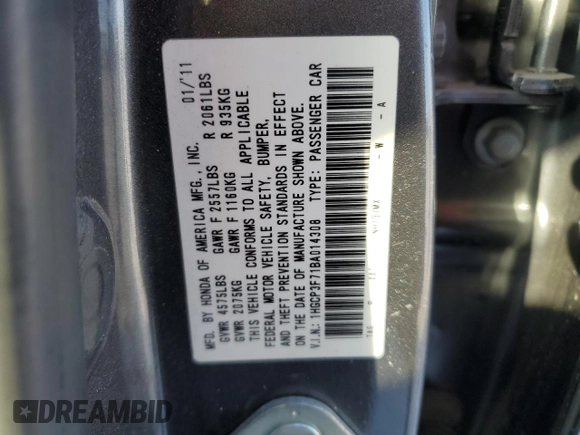 2011 Honda Accord EX with VIN 1HGCP3F71BA014308, listed as a Copart auction lot 89146315 with 147,847 mi miles and Salvage title. Bid and sale history available at DreamBid. Image 14.