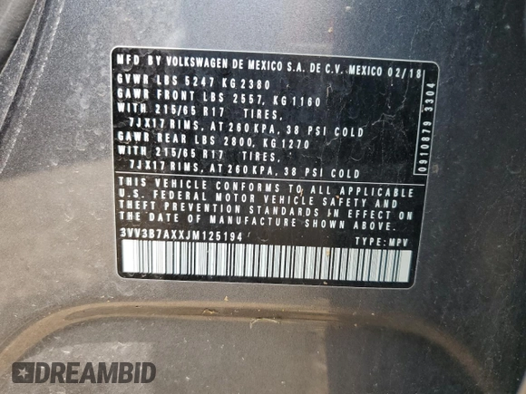 2018 Volkswagen Tiguan SEL with VIN 3VV3B7AXXJM125194, listed as a Copart auction lot 60120755 with 85,434 mi miles and Salvage title. Bid and sale history available at DreamBid. Image 13.