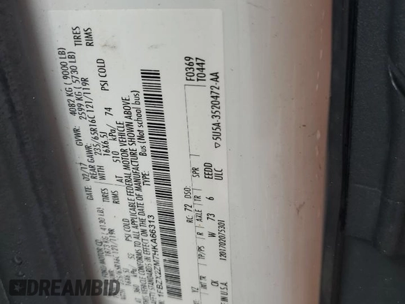 2017 Ford Transit XL with VIN 1FBZX2ZM7HKA66313, listed as a Copart auction lot 60648435 with 65,264 mi miles and Clean title. Bid and sale history available at DreamBid. Image 13.
