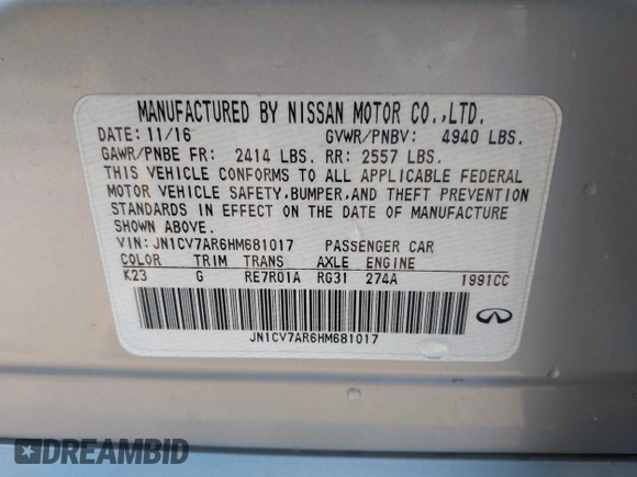2017 Infiniti Q50 Premium with VIN JN1CV7AR6HM681017, listed as a IAAI auction lot 41212271 with 141,479 mi miles and . Bid and sale history available at carsss.com. Image 9.