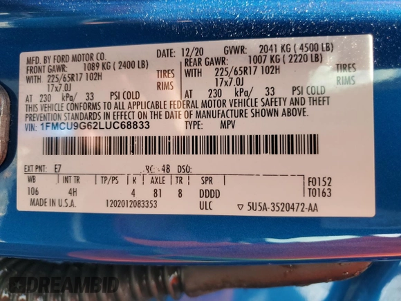 2020 Ford Escape SE с VIN 1FMCU9G62LUC68833, выставлен на аукционе Copart как лот 61760945 с пробегом 49 874 миль миль и Списание • Salvage title. История ставок и продаж доступна на DreamBid. Изображение 13.