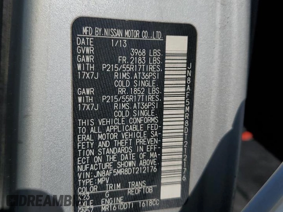 2013 Nissan Juke SV z VIN JN8AF5MR8DT212176, wystawiony jako Copart lot #53078745 z przebiegiem 72 799 mil mil oraz Szkoda całkowita • Salvage title. Historia ofert i sprzedaży dostępna na DreamBid. Obrazek 15.