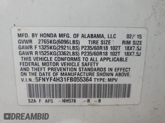 2015 Honda Pilot SE with VIN 5FNYF4H31FB055364, listed as a Copart auction lot 60734095 with 234,706 mi miles and Salvage title. Bid and sale history available at DreamBid. Image 14.