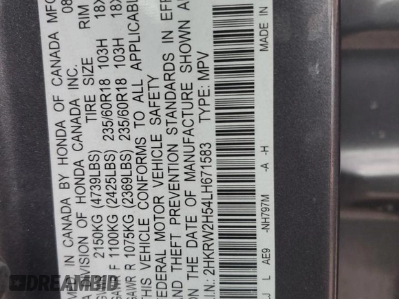 2020 Honda CR-V EX z VIN 2HKRW2H54LH671583, wystawiony jako Copart lot #49949315 z przebiegiem 70 364 mil mil oraz Szkoda całkowita • Salvage title. Historia ofert i sprzedaży dostępna na DreamBid. Obrazek 13.