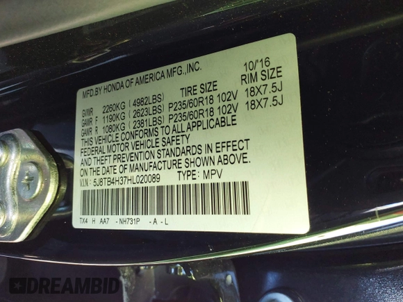 2017 Acura RDX with VIN 5J8TB4H37HL020089, listed as a IAAI auction lot 41649352 with Not provided miles and . Bid and sale history available at DreamBid. Image 9.