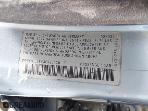 2003 Volkswagen Passat GLX z VIN WVWYH63B43E326130, wystawiony jako IAAI lot #42380050 z przebiegiem 156 338 mil mil oraz . Historia ofert i sprzedaży dostępna na DreamBid. Obrazek 9.