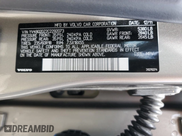 2012 Volvo XC60 3.0L with VIN YV4902DZ2C2292073, listed as a Copart auction lot 61877125 with 192,513 mi miles and Non repairable. Bid and sale history available at DreamBid. Image 14.