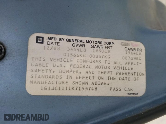 1989 Chevrolet Cavalier with VIN 1G1JC1111K7155748, listed as a Copart auction lot 41762065 with 31,649 mi miles and Clean Title. Bid and sale history available at DreamBid. Image 12.