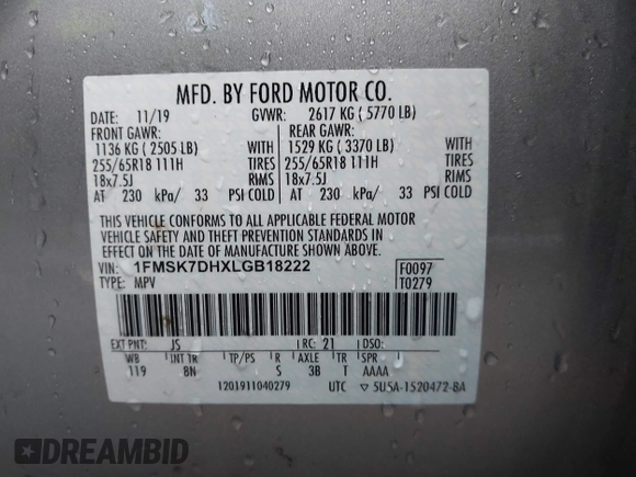 2020 Ford Explorer XLT with VIN 1FMSK7DHXLGB18222, listed as a IAAI auction lot 41541109 with 100,649 mi miles. Bid and sale history available at carsss.com. Image 9.
